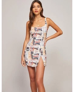 REFORMATION Printed Noha Square Scoop Neck Side Slit Mini Dress 4 Greetings - Picture 1 of 4
