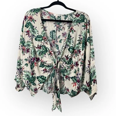 Charming Charlie Tropical Floral Tie Front Top Women’s Large Flutter Sleeve Crop - Image 1 of 4