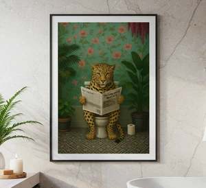 Divertente leopardo seduto sul water lettura carta stampa/poster leopardo - Foto 1 di 4