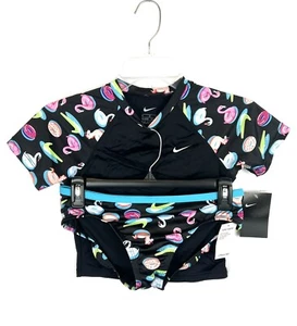 Nike Girl’s Black Short Sleeve Rash Guard Top And Bikini Bottom Swim Set Size XL - Picture 1 of 5