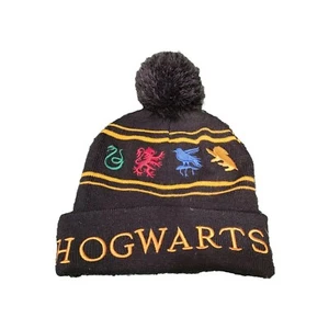 Harry Potter Hogwarts Haus Symbole Strick Bommel Beanie schwarz EUC - Bild 1 von 3