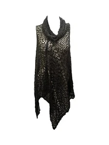 WOMENS PLUS SIZE BOHO CROCHET KNIT PONCHO SHAWL PULLOVER TOP FREE SIZE - BLACK - Picture 1 of 2