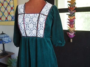 VTG 70s Unbranded Green Velour Lace Puff Sleeve Prairie Cottagecore Talon Sz M - Picture 1 of 10
