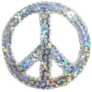 Peace Sign Applique Patch - Silver Sequin World Peace Badge 1.5" (Iron on) - Picture 1 of 1