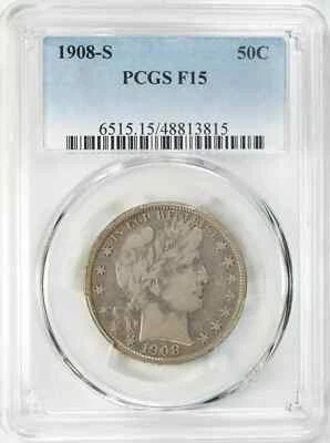 1908 S BARBER HEAD HALF DOLLAR 50C PCGS CERTIFIED F 15 FINE (815) - Image 1 of 4