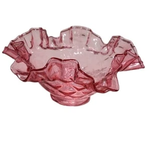 Vintage Cranberry Pink Ruffled Glass Candy Dish Diamond Pattern Sides Bowl - Picture 1 of 4
