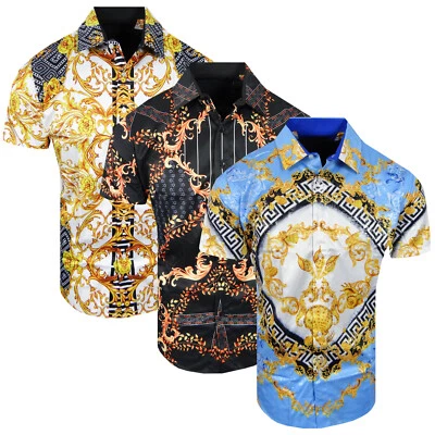 Short Sleeve Mens Italian Shirt Designer Panels Gold Leaf Florals Stretch Slim - Image 1 of 2