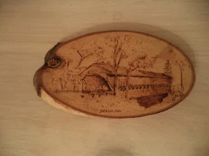 Vintage Pyrography Wood Burning Oval Picture Art Jackson NH Covered Bridge - Picture 1 of 3