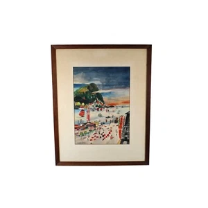 Mid Century Cityscape Seaside China Scene Watercolor Mabel S. Sawyer - Picture 1 of 18