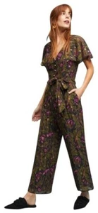 Ett Twa Anthropologie Brenda Jumpsuit Size 4 Green Gold Floral Flutter Sleeve - Picture 1 of 7