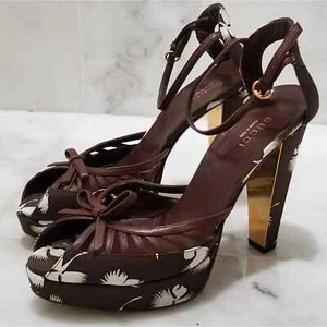 Gucci Floral Printed Platform Block Gold Heels Brown Sandals 6 - Picture 1 of 12