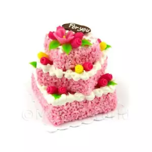 Pink Iced Miniature Square 3 Tier Celebration cake Topped with Candied Fruit - Picture 1 of 1