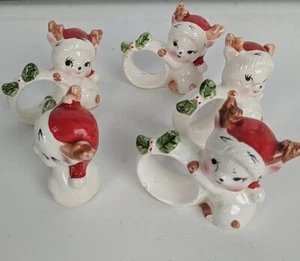 5 Painted Ceramic Christmas Baby Reindeer Holly Napkin Rings Holders Vtg READ!! - Picture 1 of 6