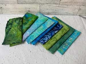 Scrap Bundle of Green and Blue Batik Fabrics- 9 Pieces-Weighing 6 oz Total - Picture 1 of 1