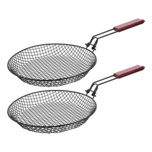 2 Piezas Malla Parrilla Cesta Barbacoa Estante con Mango Sartenes Redondas para Exterior - Imagen 1 de 12