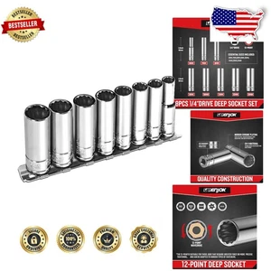 8pc 1/4" Metric Socket Set, 12-Point Deep Well, CR-V Steel, Polished - Picture 1 of 9