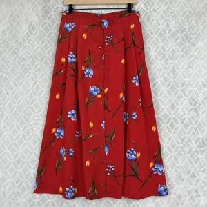 Vtg 80s Midi Skirt 12 Large Red Tulip Floral Button Up Twee Retro 50s 60s Pocket - Picture 1 of 12