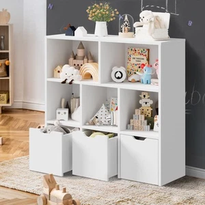 Oikiture Kids Bookcase Toy Organiser Cabinet With Removable Box Storage White - Picture 1 of 10