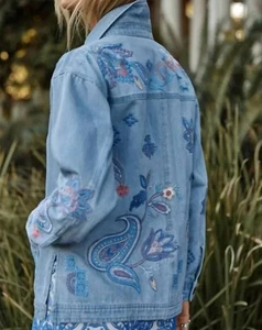 💕$288 JOHNNY WAS SZ PLUS 3X TRAPUNTO EMBROIDERED JEAN DENIM CHORE JACKET NEW - Picture 1 of 8