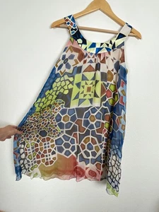 Buntes geometrisches Kleid Seide Einzelmarke Babydoll transparent Lagenlook Stepp wie Gr. S - Bild 1 von 24