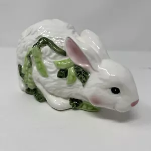 Vintage White & Pink Ceramic Bunny Rabbit W/ Peas Adorable Easter Decor - Picture 1 of 12