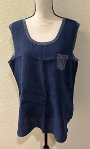 Soft Surroundings Linen Navy Blue Tank Top Sparkle Trim Women's XL Minimalist - Picture 1 of 6