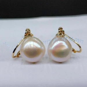 Genuine Natural 12-13mm South Sea White Baroque Pearl Dangle Earrings 14k Gold - Picture 1 of 7