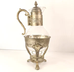 Coffee Carafe Pot Art Nouveau Kitchen Vintage Silver Plate Glass Warming Stand - Picture 1 of 12