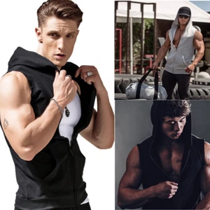 Men Sleeveless Zipper Hoodie Hooded Workout Gym Training Sport Vest Tank Top - Picture 1 of 11