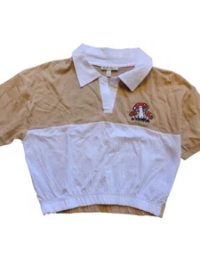 NEW TAN & WHITE MUSHROOM EMBROIDERED CROP T-SHIRT TOP SMALL - Picture 1 of 2