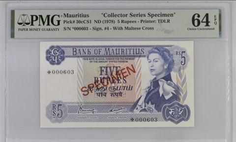 Mauritius Specimen 5 Rupees 1978 P-30cCSI Cover