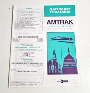 Vintage Amtrak 1993/1994 Fall Winter Timetable Northeast Corridor Passenger Rail - Picture 1 of 2