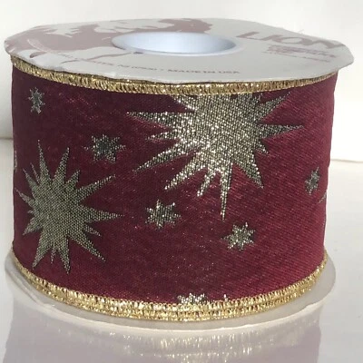 2 5/8” Borgoña Oro Brillo Estrella Cableado Cinta Vacaciones Navidad Regalo 15 Yardas Foto 1 de 4