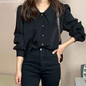 Korean Women Retro Puff Sleeve Casual Button Down Shirt Workwear Tops Blouse