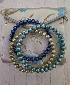 Set Of 3 QVC Honora Sea-Aqua-Navy Blue-Pea Green-Pearl Bangle single bracelet - Picture 1 of 11