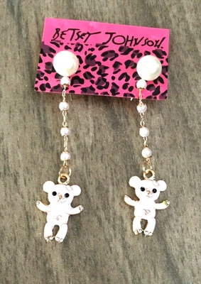 ¡Aretes perforados Betsey Johnson cristal rosa oso colgante perla hilo! Foto 1 de 2