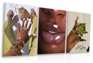 Black Girl Canvas Wall Art Set of 3, Framed African American Woman Wall Decor, - Picture 1 of 7