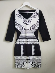 Hale Bob Designer Black White Print Bodycon 3/4 Sleeved Dress Womens Size Small - Picture 1 of 8