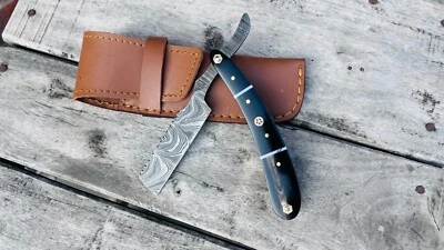 Maquinilla de afeitar recta para hombre barbero mango negro con bolsa acero Damasco Foto 1 de 4