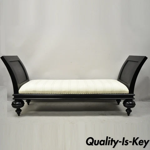 Late 20th C Hollywood Regency Italian Style Large Black Bun Feet Window Bench Cover
