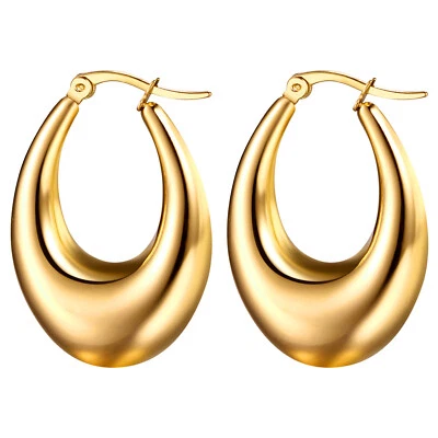 Chunky Gold Plated Thick Teardrop Hoop Earrings for Women Ladies Stainless Steel - Image 1 of 4