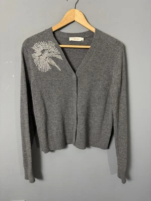 TORY BURCH Womens M Gray Merino Wool Beaded Cardigan Sweater V-Neck - Image 1 of 4