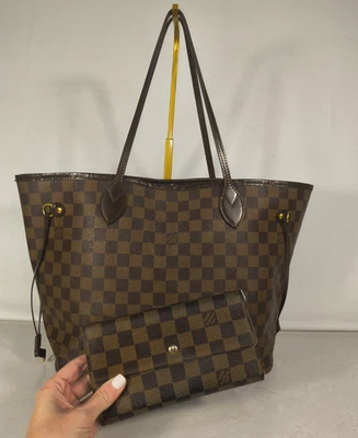 Louis Vuitton Neverfull MM Damier Ebene Cherry Red Tote AND Ebene Wallet Combo!  - Image 1 of 4