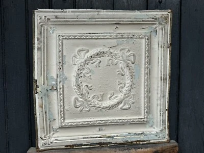 C.1885 Tin Ceiling Panel Bay Leaf WREATH & Fleur De Lis 24x24" Shabby, Holidays - Image 1 of 4