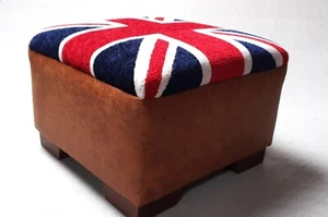 Footstool / Union Jack upholstery fabric top- Distressed tan faux leather sides - Picture 1 of 19