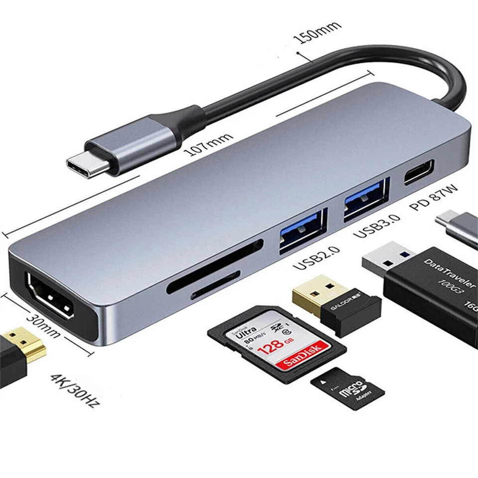 Hub USB-C de 6 puertos tipo C a USB 3.0 HDMI estación de acoplamiento para computadoras portátiles Apple Huawei Foto 1 de 4