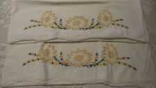 Vintage Cotton PILLOWCASE PAIR Embroidered Gold & Orange Floral,Narrow Crochet