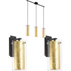 Ceiling Pendant Light & 2x Matching Wall Lights Clear Glass & Gold Shade Lamp