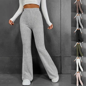Womens Flared Casual Pants Ribbed Leggings Workout Casual Loose Bootcut Trousers - Picture 1 of 27