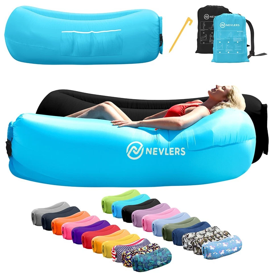Mockins 2 Pack Black & Blue Inflatable Loungers Hangout Sofa Bed with Travel ...
